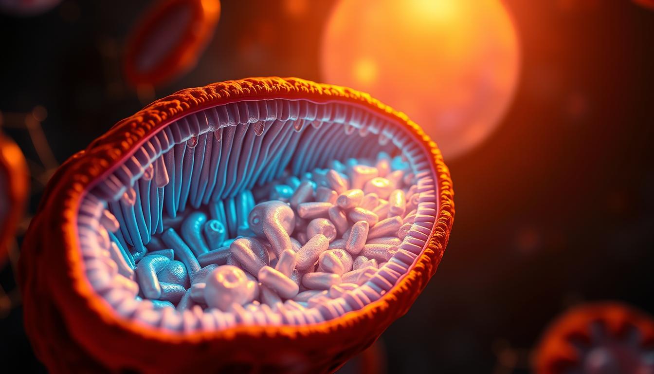 A detailed cross-section of a healthy mitochondrion, the powerhouse of the cell, glowing with vibrant energy. In the foreground, the intricate inner membrane folds and cristae are illuminated, revealing the complex machinery responsible for ATP production. The middle ground showcases the mitochondrial matrix, teeming with enzymes and proteins essential for cellular respiration. In the background, a soft, ethereal glow emanates from the outer membrane, symbolizing the mitochondrion's role in maintaining overall cellular health and vitality. Warm, vivid lighting casts a sense of dynamism and activity, capturing the vital importance of these organelles in supporting the body's cellular functions.