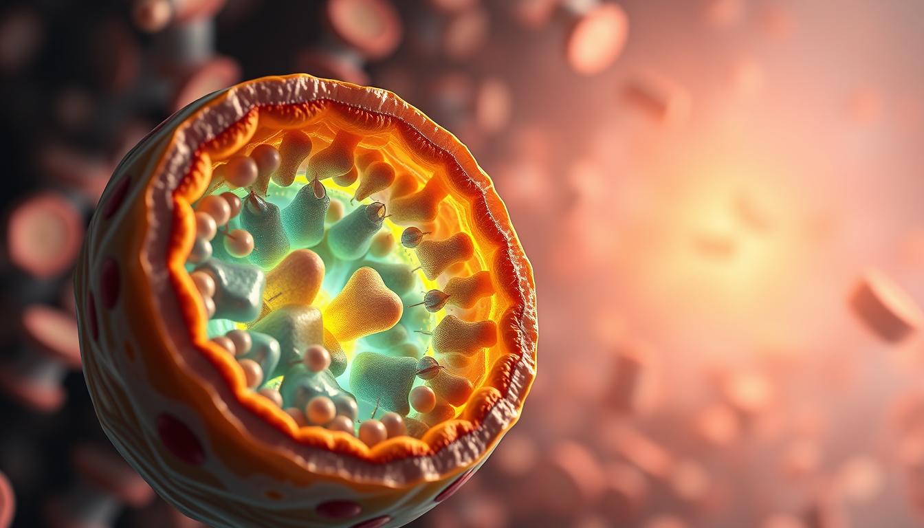 A detailed cross-section of a highly efficient mitochondrion, the powerhouse organelle of the cell. In the vibrant foreground, the intricate inner membrane folds and cristae structures pulsate with energy, their complex geometry optimized for maximum ATP production. The middle ground reveals the smooth outer membrane, encasing the bustling activity within. In the background, a hazy, luminous field of mitochondria in various states of activity, casting a warm, ethereal glow. Soft, directional lighting from an unseen source highlights the organelle's dynamic geometry and subtle textures, creating a sense of technical elegance and biological efficiency.