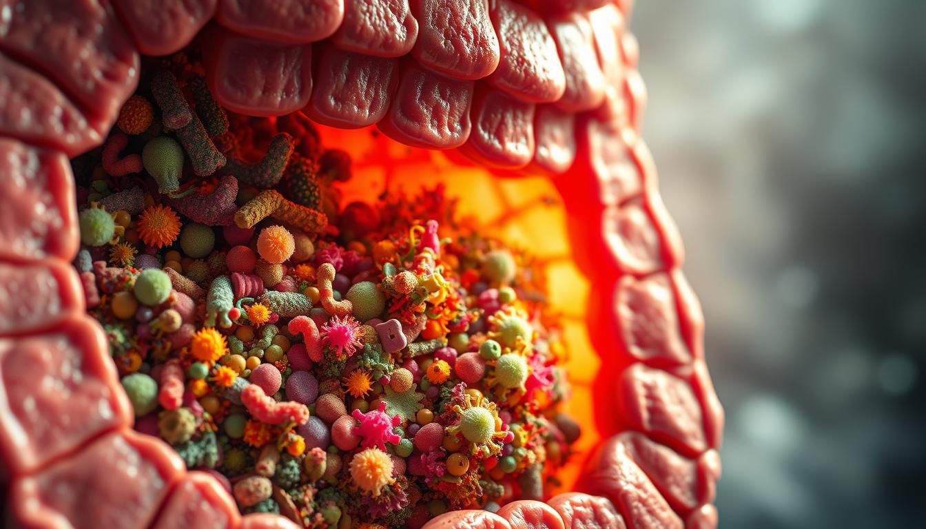 A detailed cross-section of a human gut, showcasing the vibrant and diverse microbiome. In the foreground, a kaleidoscope of colorful microbial life - bacteria, fungi, and viruses - thriving in a lush, textured environment. The middle ground reveals the intricate architecture of the intestinal wall, with its villi and crypts. In the background, a soft, atmospheric glow illuminates the scene, emphasizing the delicate balance and interconnectedness of this vital ecosystem. Captured with a high-resolution lens, the image conveys the incredible complexity and importance of the gut microbiome and its profound impact on overall health.