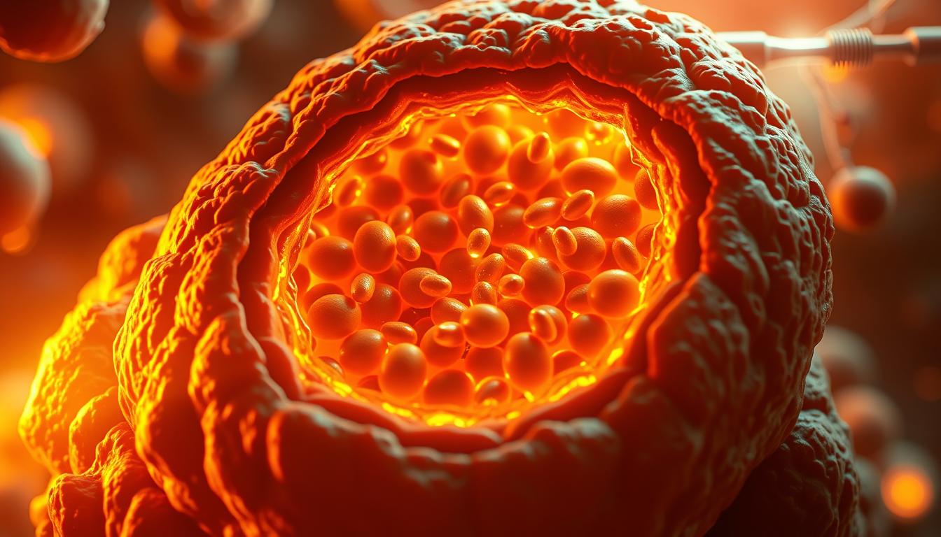 A detailed cross-section of a mitochondrion, surrounded by adipose tissue, bathed in a vibrant glow of energy. The mitochondrion's intricate inner membrane structures and cristae are rendered in striking detail, showcasing its complex biochemical machinery. The adipose tissue, represented as clusters of fat cells, encapsulates the mitochondrion, highlighting the interplay between cellular metabolism and obesity. The scene is illuminated by a warm, energetic light, conveying the dynamic relationship between mitochondrial function and weight management. Subtle highlights and shadows accentuate the depth and volume of the structures, creating a captivating and informative visual representation of the science behind mitochondria and weight loss.