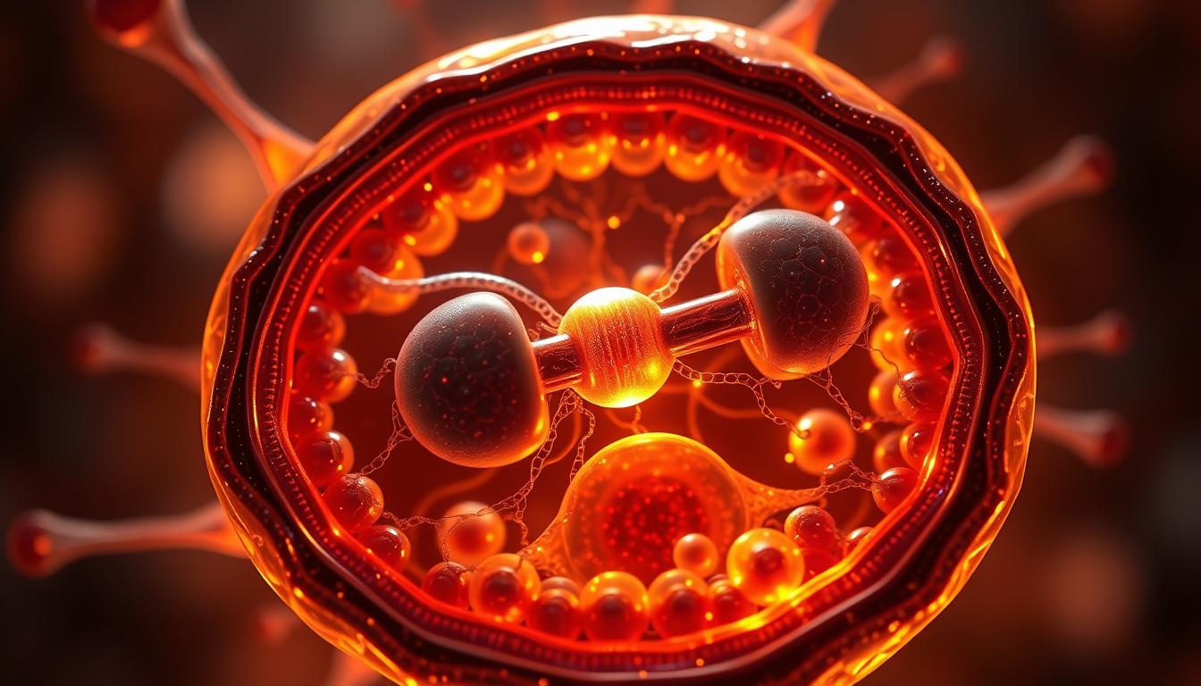 A detailed cross-section of a mitochondrion, the powerhouse of the cell, glowing with a vibrant energy. The intricate inner membrane structures are illuminated, showcasing the electron transport chain and ATP synthase in action. The organelle is bathed in a warm, golden light, surrounded by a softly blurred background to draw the eye inward. Crisp, high-resolution details reveal the complexities of this vital cellular component, essential for natural weight loss processes. A technical, yet visually captivating illustration that conveys the importance of mitochondrial function.