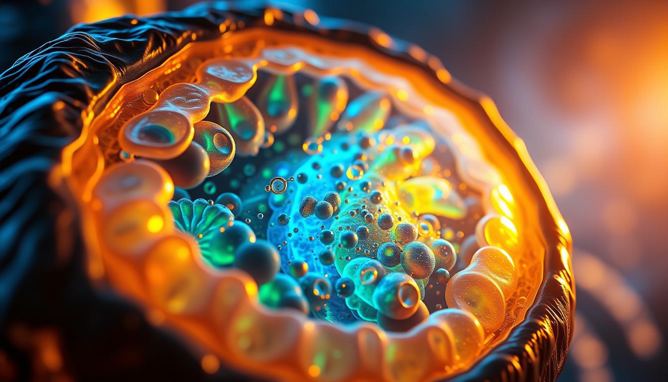 A detailed cross-section of a mitochondrion, the powerhouse of the cell, glowing with vibrant hues of blue, green, and gold. In the foreground, the inner and outer membranes of the organelle are visible, their intricate folds and cristae structures illuminated by a warm, diffused light. In the middle ground, the matrix is alive with the intricate dance of energy-producing enzymes and molecules, their movements captured in a dynamic, almost holographic display. The background fades into a softly blurred, ethereal realm, suggesting the profound role of mitochondria in the overall cellular ecosystem. The entire scene conveys a sense of vitality, efficiency, and the essential nature of this organelle in sustaining life.
