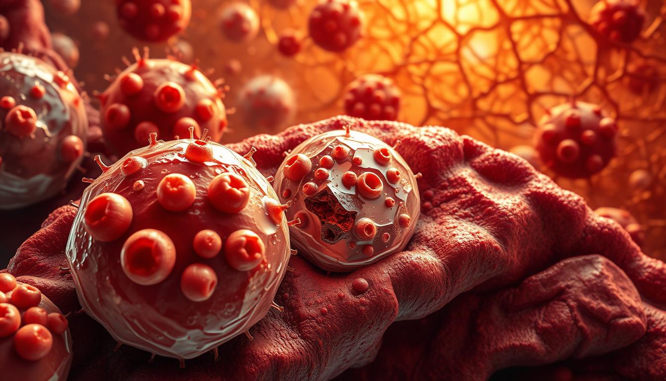 A detailed cross-section of aging human cells, showcasing the cellular aging process. The foreground displays mitochondria with diminished function, surrounded by lipid droplets indicating increased fat storage. The middle ground features distorted, damaged nuclei and organelles, while the background depicts a network of aged, frayed cellular structures. Vibrant yet muted tones, with a warm, earthy palette to convey the natural progression of time. Rendered with a high-resolution, photorealistic style, meticulously capturing the intricate intracellular dynamics at play.