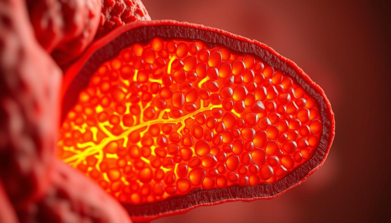 A detailed cross-section of brown adipose tissue, showcasing its dense mitochondrial network. The tissue is glowing with a vibrant, amber hue, illuminated by soft, warm lighting from an angled perspective. The cellular structure is clearly visible, with the characteristic multilocular lipid droplets and abundant blood vessels. The background is a muted, slightly blurred gradient, allowing the brown fat activation to be the central focus. Captured with a high-resolution medical imaging lens, conveying the scientific nature of the subject matter.