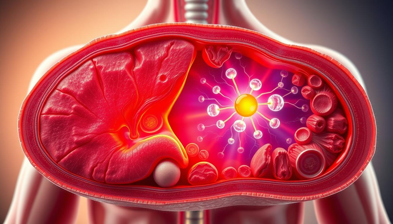 A detailed cross-section of the human body, showcasing the intricate mechanisms of fat storage and metabolism. In the foreground, a vivid depiction of adipose tissue, with its distinct fat cells and blood vessels. In the middle ground, a dynamic visualization of the mitochondria within muscle cells, their energy-producing processes illuminated. The background features a subtle, vibrant gradient, hinting at the complex interplay between aging, mitochondrial function, and fat accumulation. Captured with a sharp, high-resolution lens, the image conveys a sense of scientific depth and visual intrigue, perfect for illustrating the section on "How Aging Affects Mitochondria and Fat Storage".