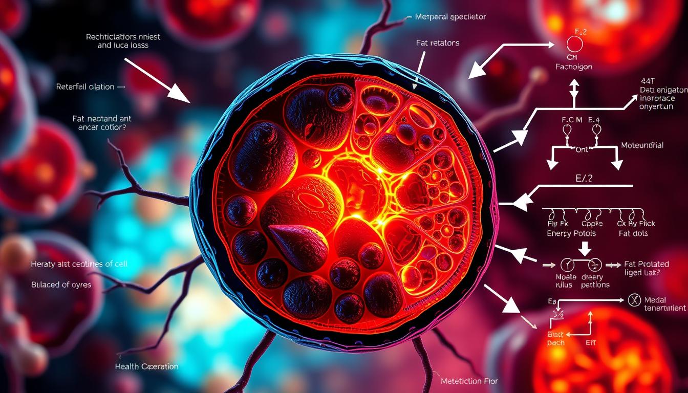 A detailed cross-section of the internal structure of a healthy mitochondrion, the powerhouse of the cell, against a vibrant backdrop of fat metabolism. The mitochondrion is rendered in crisp, high-resolution detail, showcasing its intricate inner workings - the cristae, the matrix, and the various enzymes and proteins responsible for energy production. Surrounding the mitochondrion are dynamic illustrations of the metabolic pathways involved in fat oxidation, with arrows and diagrams highlighting the key steps. The overall composition is visually striking, with a balance of technical precision and conceptual clarity, conveying the importance of mitochondrial function in the process of fat loss. A detailed cross-section of the internal structure of a healthy mitochondrion, the powerhouse of the cell, against a vibrant backdrop of fat metabolism. The mitochondrion is rendered in crisp, high-resolution detail, showcasing its intricate inner workings - the cristae, the matrix, and the various enzymes and proteins responsible for energy production. Surrounding the mitochondrion are dynamic illustrations of the metabolic pathways involved in fat oxidation, with arrows and diagrams highlighting the key steps. The overall composition is visually striking, with a balance of technical precision and conceptual clarity, conveying the importance of mitochondrial function in the process of fat loss.