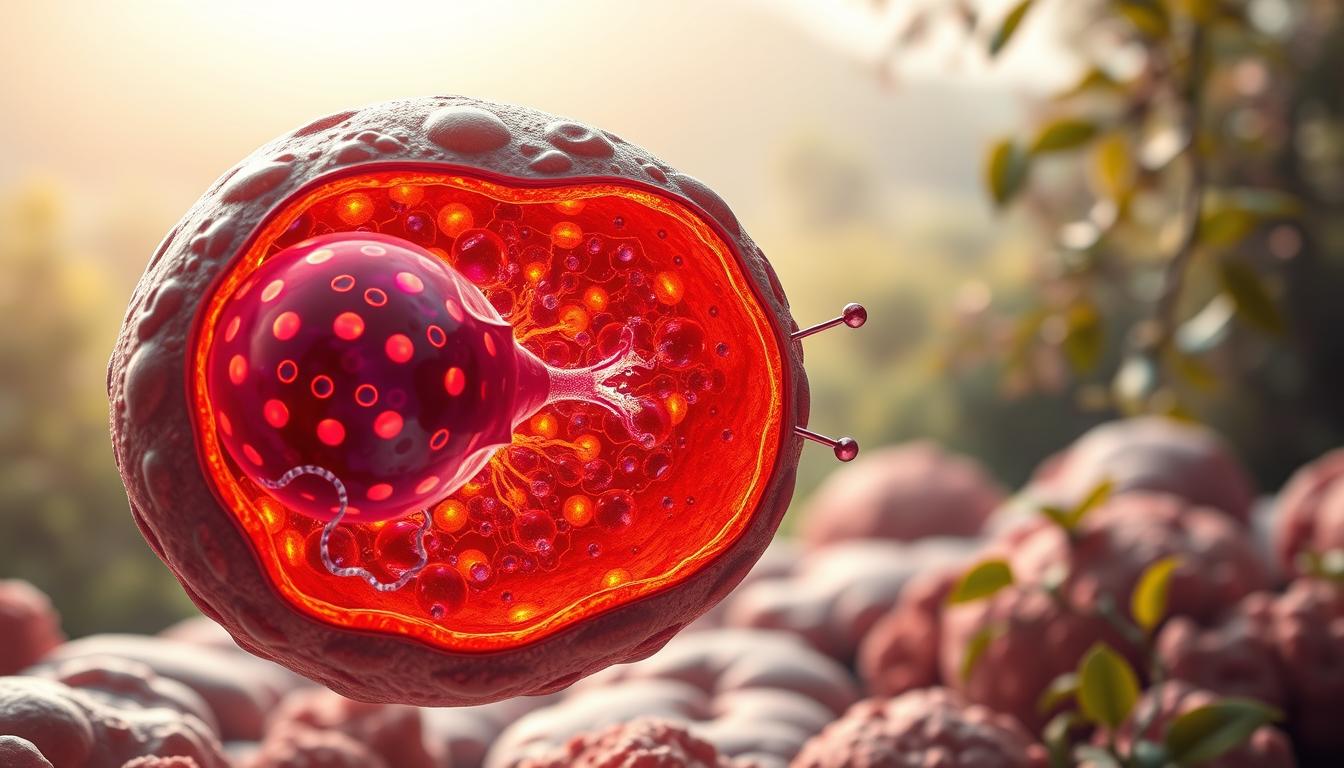 A detailed cross-section of the metabolic machinery inside a fat cell, showcasing the interplay between mitochondria and fat metabolism. The foreground features an enlarged mitochondrion, its cristae glowing with vibrant, colorful energy. Surrounding it, a network of lipid droplets in various stages of breakdown, their form and size reflecting the dynamic nature of fat storage and utilization. In the middle ground, the cytoplasm teems with the active transport and signaling pathways that regulate this metabolic cycle. The background fades into a softly lit, organic landscape, hinting at the systemic factors that influence this core cellular process. The overall scene conveys a sense of scientific insight and the intricate beauty of metabolic function.