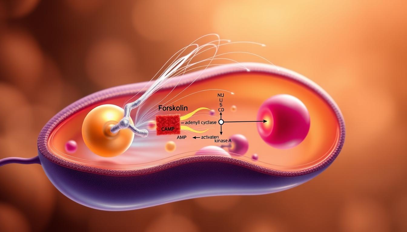 A detailed cross-section view of the forskolin-mediated cAMP activation process within a cell. In the vibrant foreground, a large forskolin molecule binds to its receptor, stimulating a cascade of intracellular signaling. Adenylyl cyclase catalyzes the conversion of ATP into cAMP, which then activates protein kinase A. Wispy, colorful energy flows illustrate the dynamic nature of this biochemical pathway. The middle ground features a translucent cell membrane, while the softly-lit background depicts the cellular organelles and a subtle gradient of warm tones, creating an atmosphere of scientific discovery.