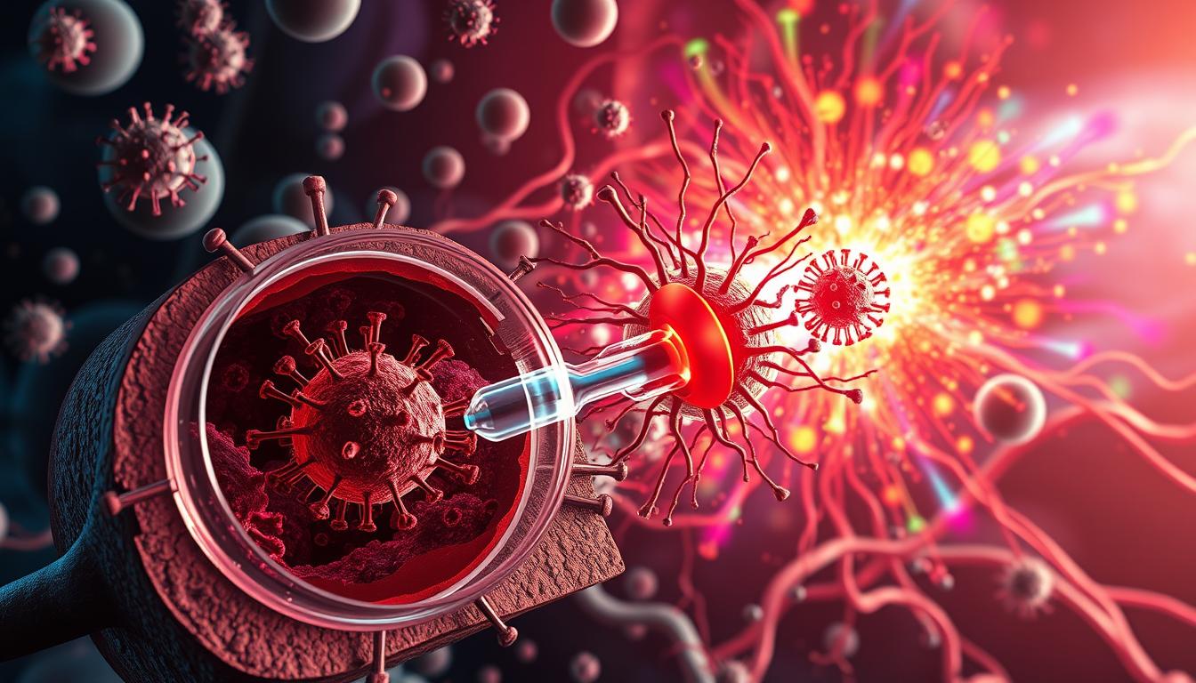 A detailed cross-section view of the human immune system's response to a vaccine, showcasing the intricate interplay between immune cells, antibodies, and viral particles. In the foreground, a magnified depiction of a lymphocyte engulfing a viral antigen, while in the middle ground, a web of blood vessels and lymph nodes pulsates with the activity of T-cells and B-cells. The background features a vibrant, epic landscape of cascading colors, representing the systemic effects of the immune response throughout the body. Dramatic lighting and a cinematic camera angle convey the powerful, dynamic nature of this vital process.