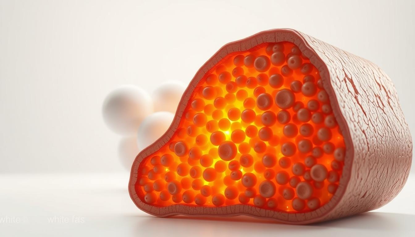 A detailed cross-section view showcasing the distinct characteristics of brown fat and white fat. In the foreground, a vibrant rendering of brown fat cells, densely packed with mitochondria, emitting a warm, golden glow. In the middle ground, white fat cells appear as larger, more translucent globules, contrasting sharply with the metabolically active brown fat. The background features a serene, minimalist backdrop, allowing the focal point to be the fat tissue comparison. Soft, diffused lighting illuminates the scene, creating a sense of depth and volume. The overall tone is scientific, yet visually engaging, highlighting the fundamental differences between these two important fat types.