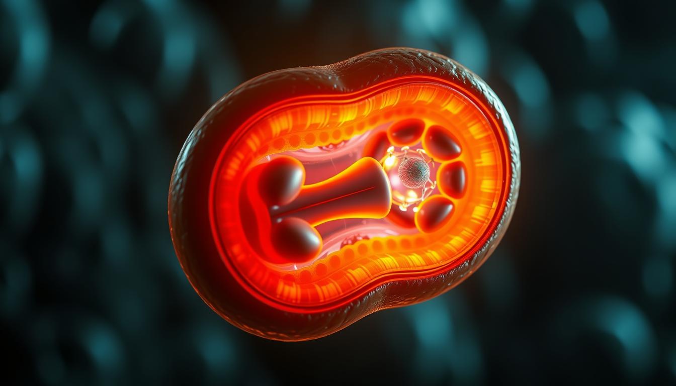 A detailed, cross-sectional diagram of the internal structure and function of a mitochondrion. The mitochondrion takes up the central focus of the image, with its double-membrane structure, cristae, and matrix clearly visible. The inner membrane hosts the electron transport chain, while the matrix contains the citric acid cycle enzymes. The overall scene is bathed in a vibrant, warm glow, highlighting the organelle's vital role in cellular energy production. The lighting is dramatic, with directional shadows and highlights emphasizing the 3D form. The background is blurred, keeping the viewer's attention on the intricate details of the mitochondrial structure and function. A detailed, cross-sectional diagram of the internal structure and function of a mitochondrion. The mitochondrion takes up the central focus of the image, with its double-membrane structure, cristae, and matrix clearly visible. The inner membrane hosts the electron transport chain, while the matrix contains the citric acid cycle enzymes. The overall scene is bathed in a vibrant, warm glow, highlighting the organelle's vital role in cellular energy production. The lighting is dramatic, with directional shadows and highlights emphasizing the 3D form. The background is blurred, keeping the viewer's attention on the intricate details of the mitochondrial structure and function.