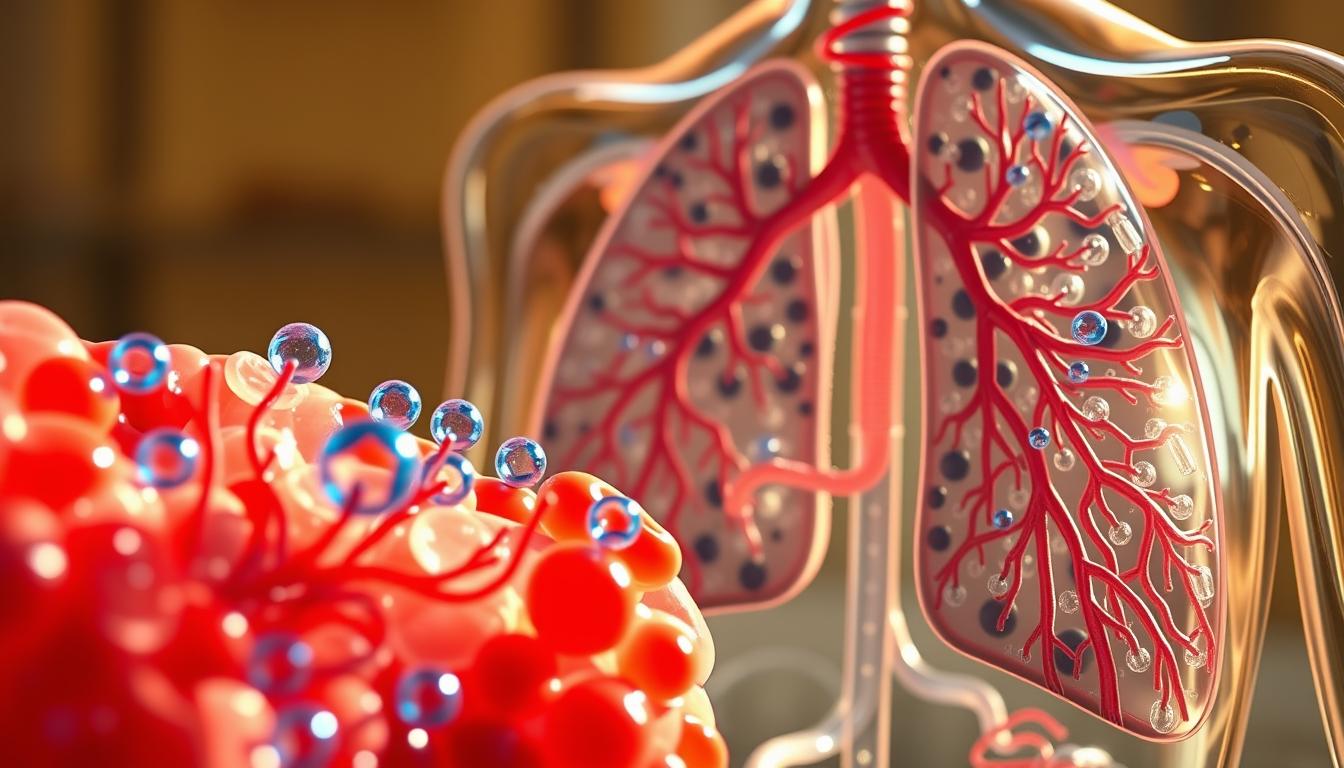 A detailed, cross-sectional diagram showcasing the intricate process of oxygen intake and metabolism. In the foreground, a stylized illustration of alveoli and capillaries, with vibrant red blood cells and blue oxygen molecules flowing through. In the middle ground, a visualization of the metabolic pathways, with cascading chemical reactions and energy production. The background features a technical, anatomical rendering of the respiratory system, highlighting the bronchioles, bronchi, and trachea. Lit by a warm, natural light, the image conveys a sense of scientific elegance and the elegant interplay between respiratory and metabolic functions.