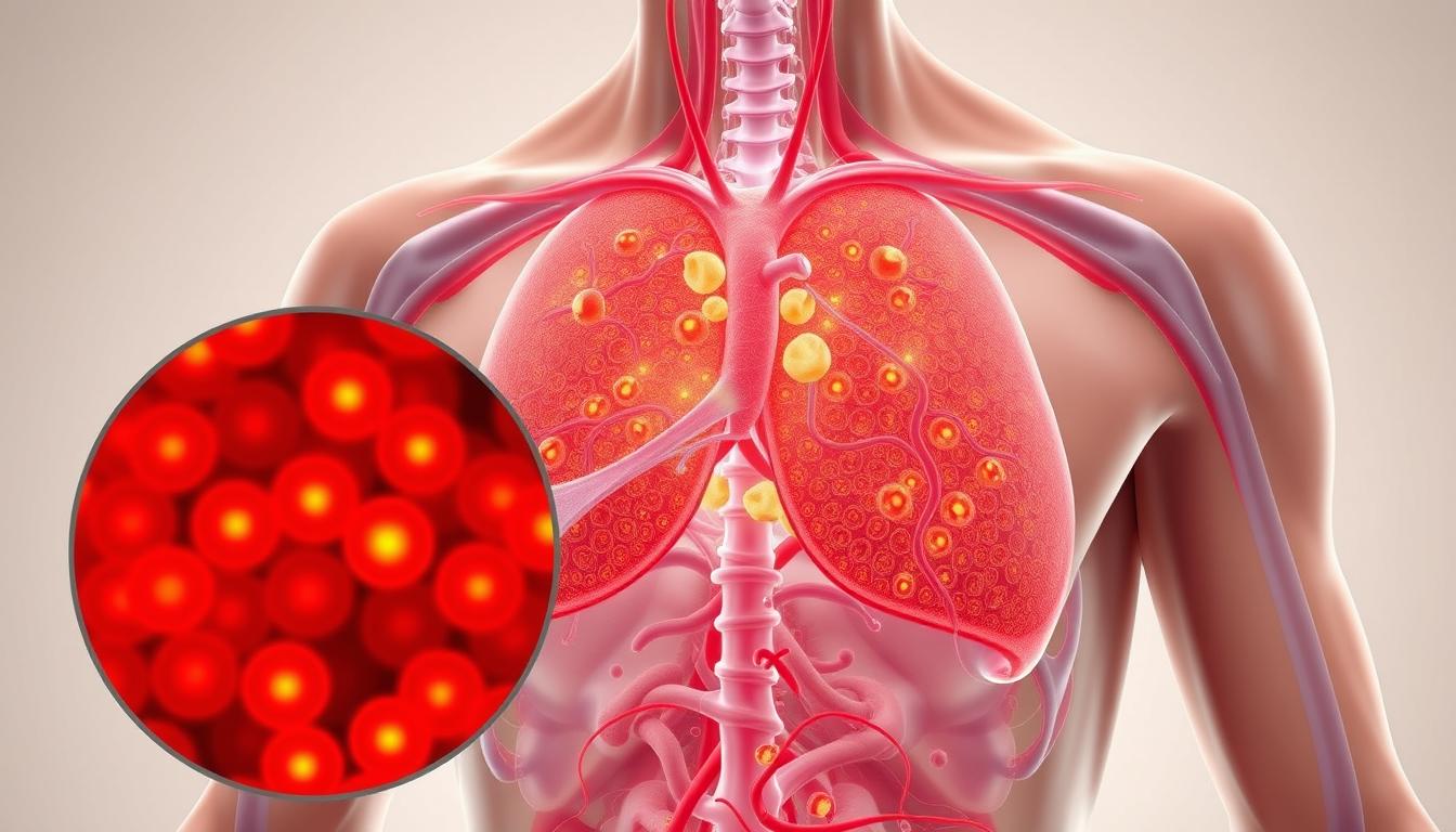 A detailed, cross-sectional illustration of nonshivering thermogenesis in the human body. In the foreground, a magnified view of brown adipose tissue, its mitochondria-rich cells glowing with an intense, vibrant orange-red hue. In the middle ground, the underlying musculature and vasculature, capturing the dynamic interplay of blood flow and muscle activation. The background fades into a softly lit, anatomical context, highlighting the precise placement of this thermogenic tissue within the thoracic and abdominal regions. Crisp, high-resolution rendering with a clean, scientific aesthetic, devoid of distractions, capturing the essence of this complex metabolic process.