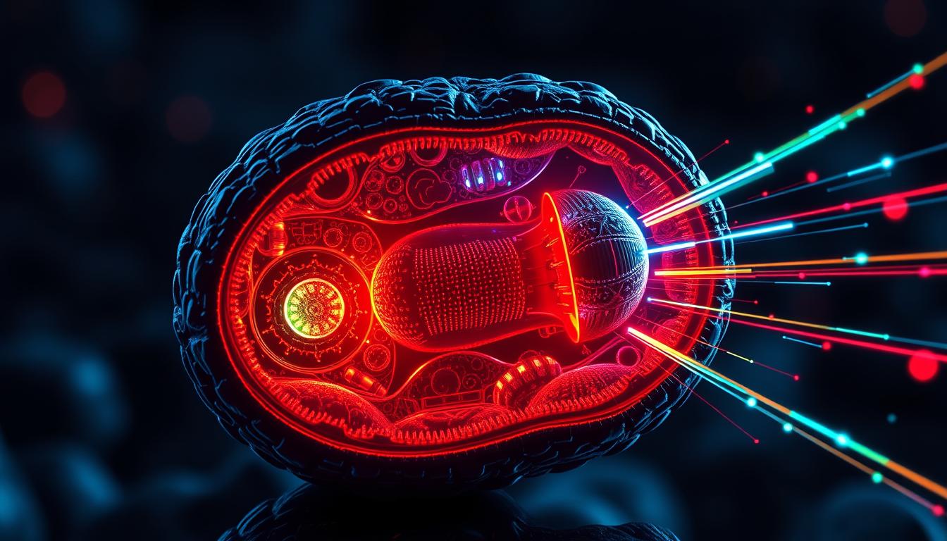 A detailed, cross-sectional illustration of the inner workings of a highly efficient mitochondrion. The organelle's crisp, glowing interior is illuminated from within, with intricate cristae structures and a pulsing energy matrix visible. Streaks of vibrant, neon-hued light radiate outward, conveying the dynamic flow of electrons and protons through the electron transport chain. The mitochondrion is rendered in a hyper-realistic, almost three-dimensional style, set against a subtly blurred, softly-lit background that emphasizes the subject's technical complexity and biological significance.