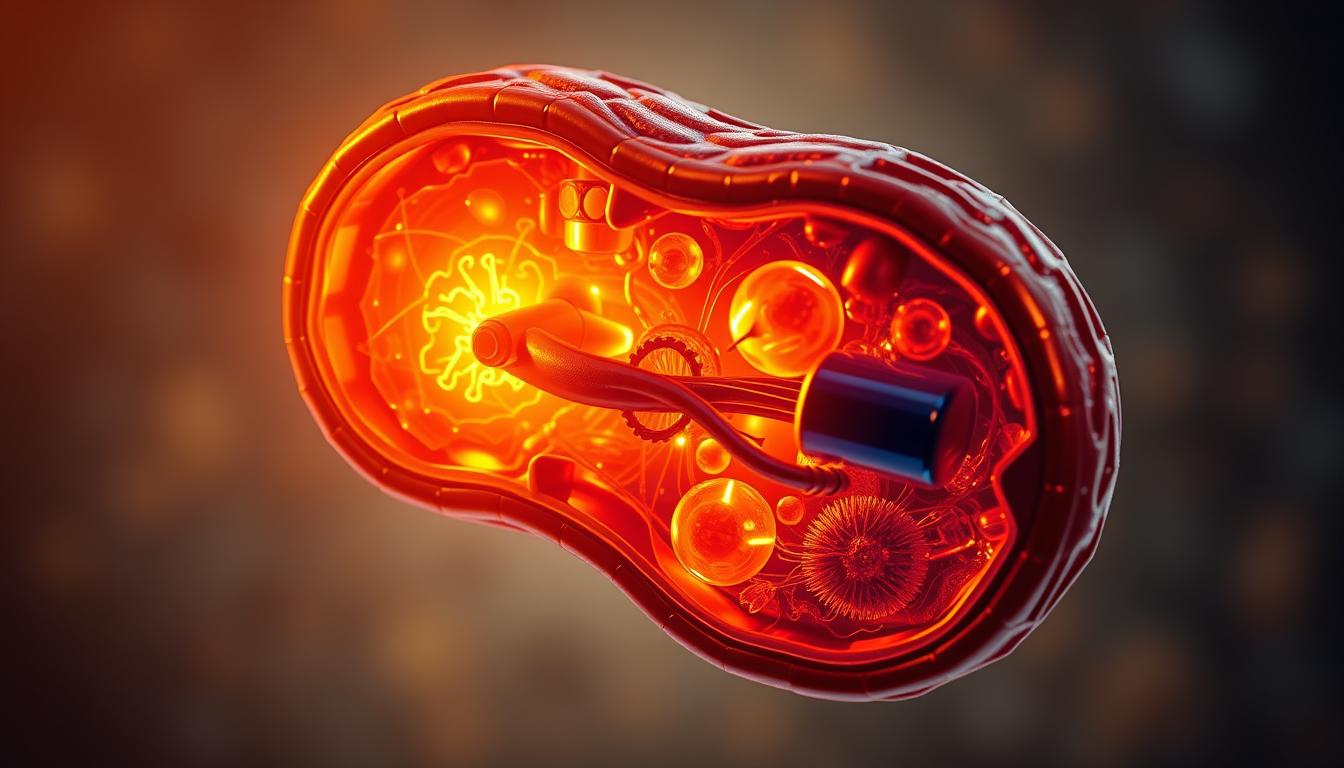 A detailed, cross-sectional illustration of the inner workings of a mitochondrion, the powerhouse of the cell. Glowing, golden-hued energy production through oxidative phosphorylation, with crisp, vibrant visuals. Showcase the key structures and processes - the cristae, the electron transport chain, ATP synthase, and the cycling of ADP and ATP. Depict the mitochondrion with a clean, technical aesthetic, lit by warm, diffuse lighting that accentuates the intricate, machinery-like details. Present this in a way that effectively communicates the science behind Mitolyn's mitochondria-boosting formula.