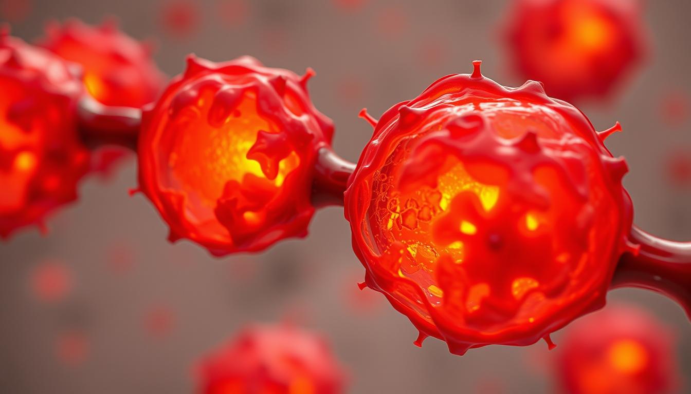 A detailed, cross-sectional view of mitochondria, the powerhouses of the cell, undergoing dysfunction. Intricate inner membranes and cristae structures appear disrupted, with swollen, irregular shapes and diminished energy production. Vibrant hues of red, orange, and yellow illuminate the organelles, conveying the chaotic and inefficient state of this vital cellular component. The background is a muted, technical palette, highlighting the scientific nature of the subject. Captured with a macro lens, the image offers a compelling visual representation of the delicate biological processes underlying mitochondrial dysfunction.