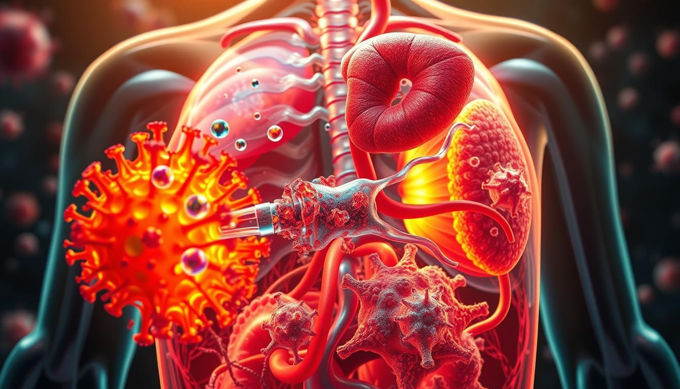 A detailed cross-sectional view of the human body's internal processes as vaccine additives, such as aluminum and polysorbate 80, are metabolized. In the vibrant, colorful foreground, intricate cellular structures and organelles work in concert, breaking down and eliminating these compounds. The middle ground showcases the circulatory system efficiently transporting the byproducts, while the background depicts the lymphatic system and liver working in an epic, orchestrated fashion to safely detoxify the body. Dramatic lighting and a cinematic angle emphasize the technical complexity and importance of this physiological feat.