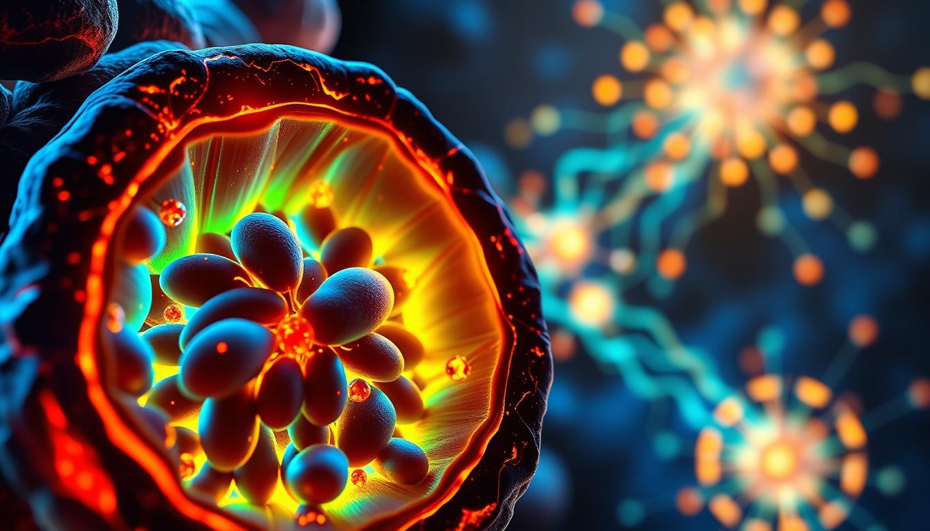 A detailed cross-sectional view of the mitochondrial structure and function, illuminated by vibrant hues of blue, green, and orange. The foreground showcases the intricate inner workings of a mitochondrion, with its cristae, enzymes, and transport mechanisms clearly visible. The middle ground depicts the complex interaction between mitochondria and cellular components, highlighting the role of Mitolyn in optimizing mitochondrial efficiency. The background features a stylized representation of the energy-producing process, with glowing pathways and pulsing networks. The overall scene conveys a sense of scientific elegance and the profound impact of Mitolyn on mitochondrial health. A detailed cross-sectional view of the mitochondrial structure and function, illuminated by vibrant hues of blue, green, and orange. The foreground showcases the intricate inner workings of a mitochondrion, with its cristae, enzymes, and transport mechanisms clearly visible. The middle ground depicts the complex interaction between mitochondria and cellular components, highlighting the role of Mitolyn in optimizing mitochondrial efficiency. The background features a stylized representation of the energy-producing process, with glowing pathways and pulsing networks. The overall scene conveys a sense of scientific elegance and the profound impact of Mitolyn on mitochondrial health.