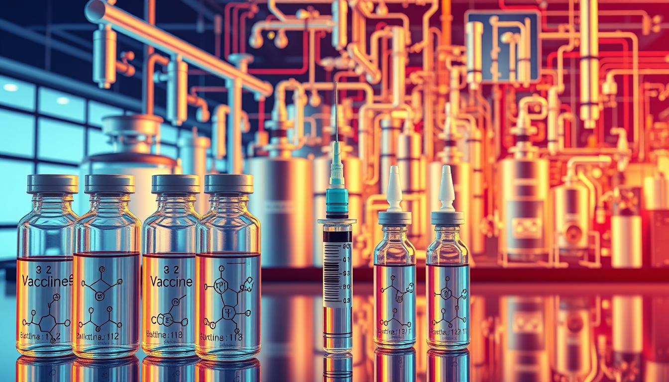 A detailed, cutaway illustration showcasing the key components of a vaccine. In the foreground, glass vials filled with a clear liquid, labeled with the molecular structures of common vaccine ingredients. In the middle ground, syringes and droppers, conveying the medical application. In the background, a complex diagram of vaccine production, including bioreactors, purification columns, and packaging machinery, all bathed in a vibrant, epic spectrum of colors. Crisp, high-resolution details with a clinical, educational aesthetic.