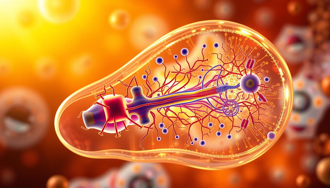 A detailed, cutaway view of the mitochondrial biogenesis process within a vibrant, human cell. The foreground depicts the mitochondria themselves, their cristae and membranes clearly visible, undergoing dynamic fission and fusion. The middle ground shows the intricate network of proteins, chaperones, and transcription factors orchestrating the replication and assembly of new mitochondria. In the background, the bustling cellular environment provides context, with organelles, cytoskeleton, and nuclear envelope visible in soft focus. Warm, golden lighting casts a vibrant glow, highlighting the vital energy-producing nature of this essential process.