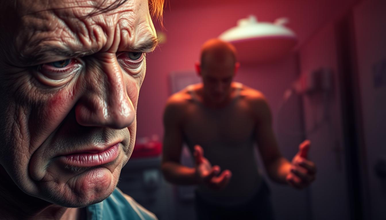 A detailed, hyper-realistic image depicting the side effects of the pharmaceutical drug Mitolyn. The foreground features a close-up of a person's face, their expression visibly distressed with flushed cheeks, dilated pupils, and a pained expression. The middle ground shows the person's body, hands trembling and muscles tensed, against a vibrant, subtly distorted backdrop of a dimly lit, clinical environment with medical equipment visible. The background features ominous shadows and a sense of unease, conveying the gravity of the situation. The lighting is dramatic, casting dramatic shadows and highlights to accentuate the person's discomfort. The overall mood is one of concern and trepidation, reflecting the serious nature of the drug's side effects.