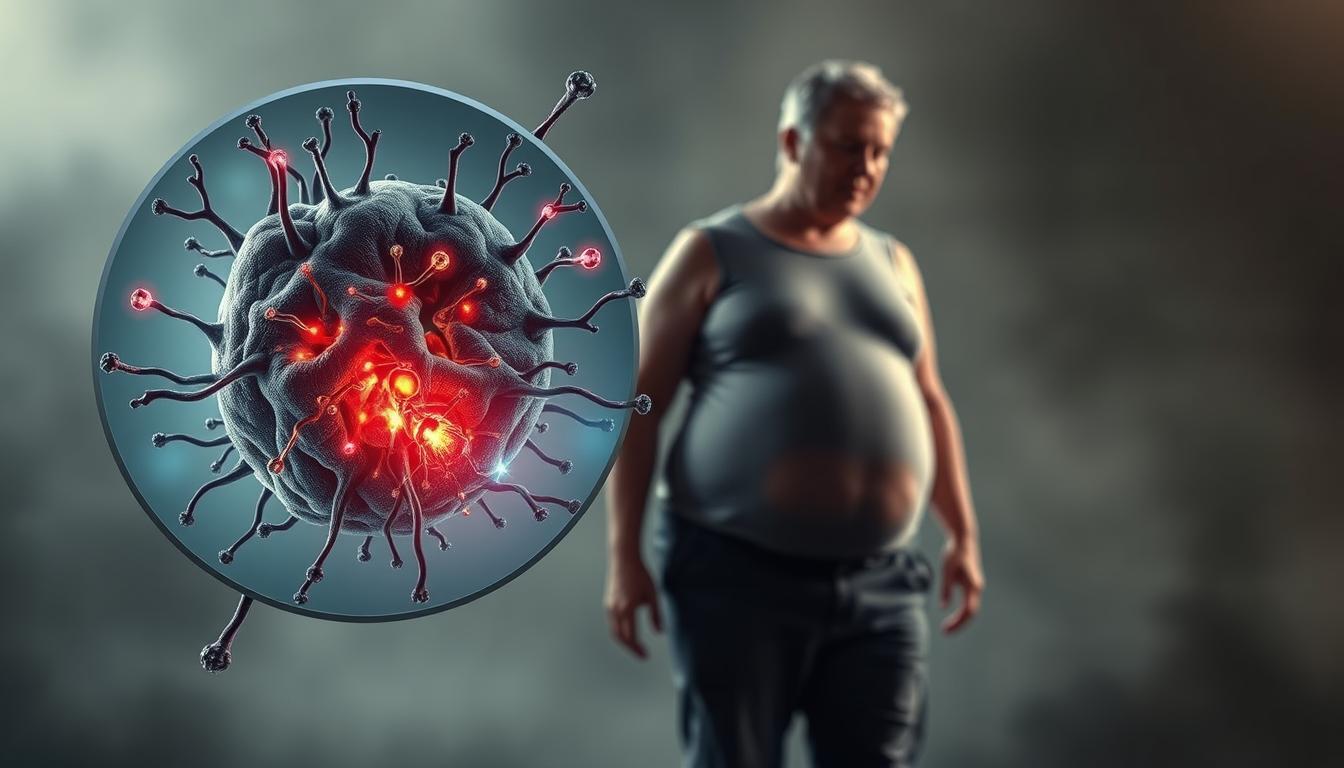 A detailed illustration depicting mitochondrial dysfunction and its impact on weight gain. In the foreground, a magnified view of a malfunctioning mitochondrion, its inner structures disrupted and energy production impaired, surrounded by vibrant, dynamic visualizations of metabolic processes gone awry. In the middle ground, a human figure, their body language conveying the struggle with weight gain, as the dysfunctional mitochondria seem to radiate outward, affecting the entire physiology. The background is a moody, atmospheric setting, hinting at the broader implications of this condition, with muted tones and a sense of unease. Realistic, technical, and visually captivating, this image aims to convey the complex relationship between mitochondrial health and weight management.