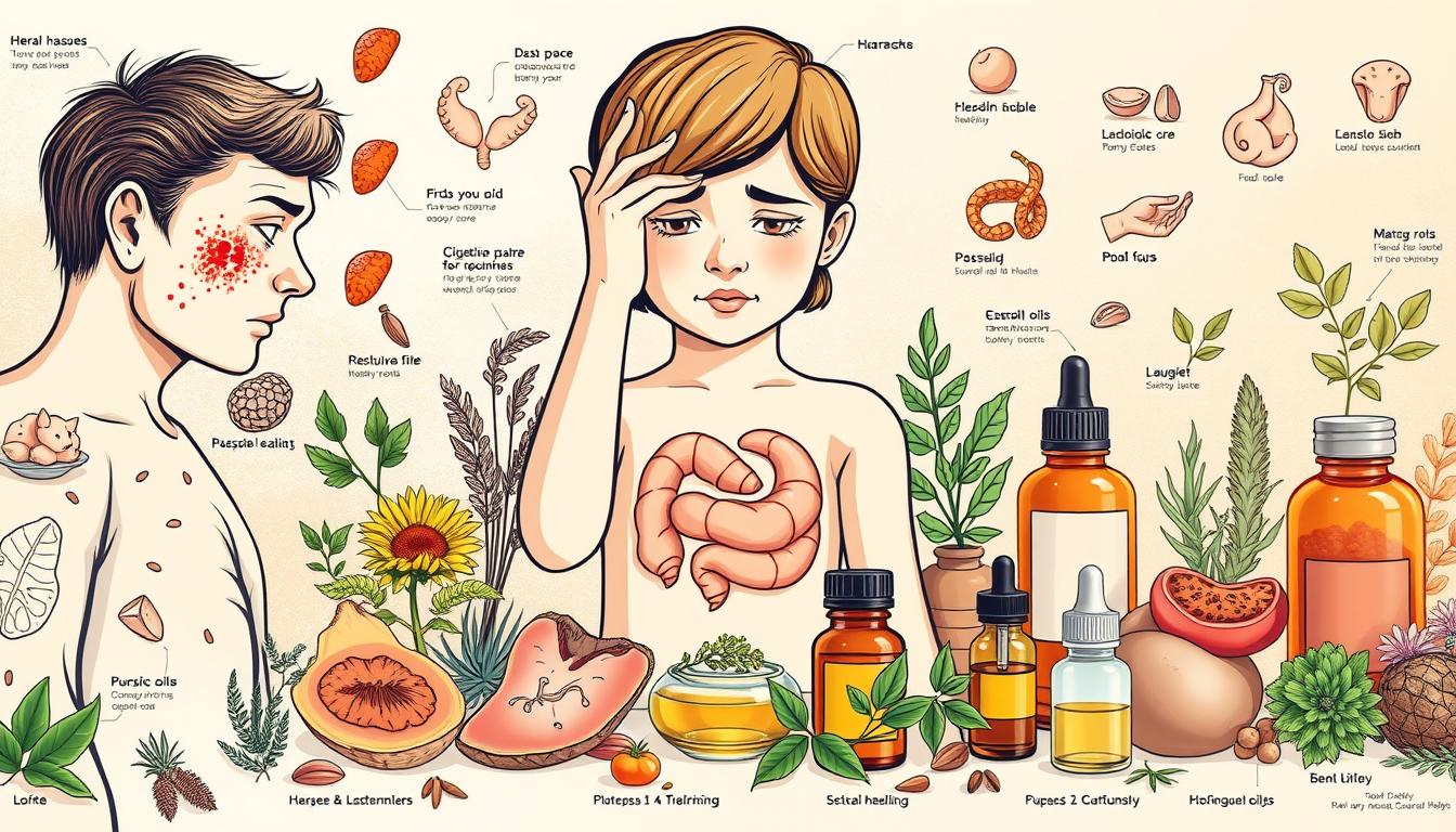 A detailed illustration of common health issues, capturing a vibrant and informative perspective. In the foreground, various human ailments are depicted with clarity - rashes, headaches, digestive troubles, and more. The middle ground showcases natural remedies such as herbs, plants, and essential oils, suggesting holistic healing solutions. The background features a soothing, earthy palette with hints of natural textures, evoking a sense of wellness and balance. Bright, direct lighting illuminates the scene, emphasizing the clarity and importance of understanding everyday ailments and natural healing. Captured with a wide-angle lens to provide a comprehensive overview, this image aims to educate and inspire a healthier, more holistic approach to wellbeing.