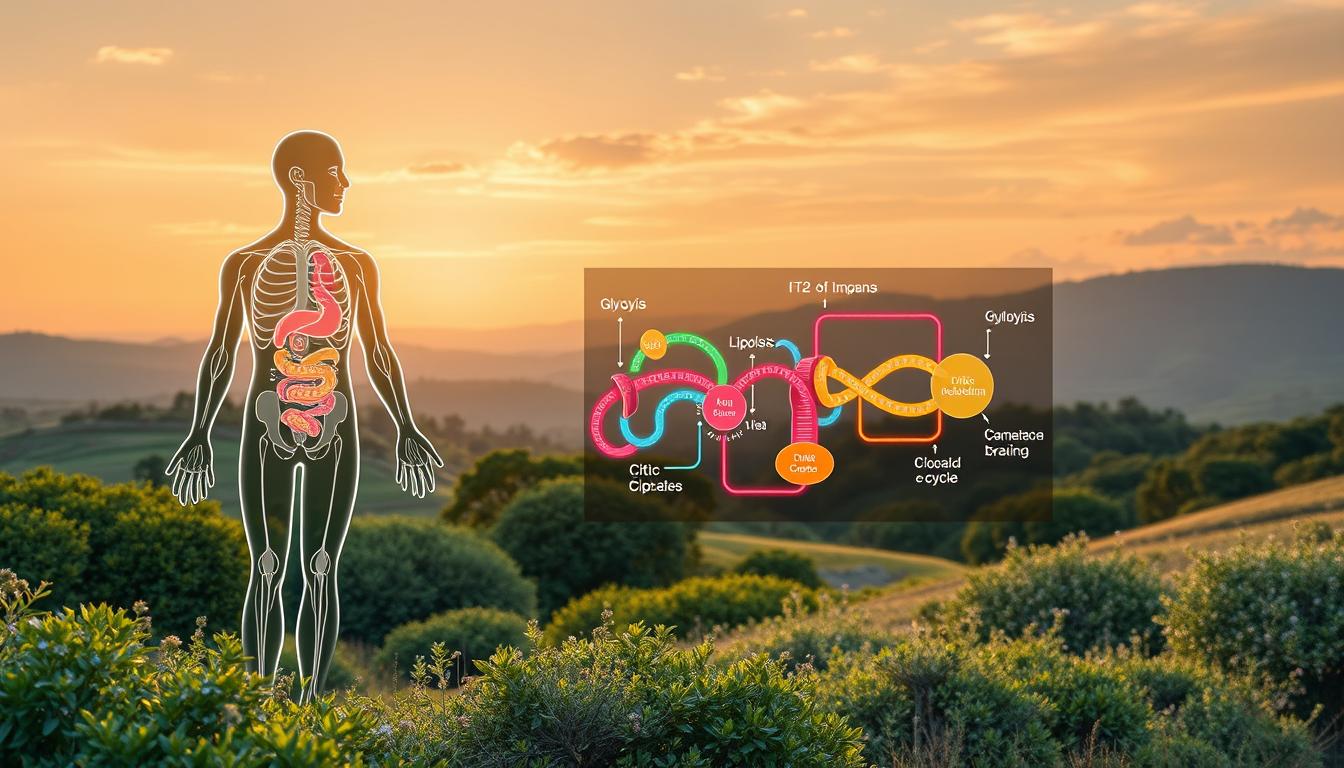 A detailed illustration of human metabolism fundamentals for optimal fat burn. In the foreground, a stylized anatomical diagram showcases the key metabolic processes involved in fat oxidation, such as glycolysis, lipolysis, and the citric acid cycle. The middle ground features a dynamic visualization of these interconnected pathways, with vibrant colors and smooth transitions representing the flow of energy. In the background, a scenic landscape with lush vegetation and a serene sky sets a calming, natural atmosphere, evoking the importance of lifestyle factors in metabolic regulation. Soft, diffused lighting casts a warm glow over the entire scene, creating a sense of balance and harmony. Rendered in a clean, modern aesthetic with a focus on clarity and scientific accuracy.