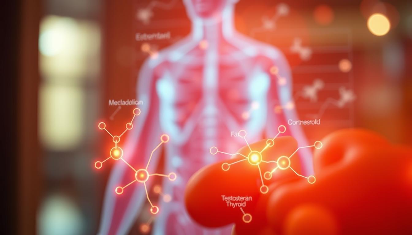 A detailed illustration of the interconnected roles of hormones in weight management. In the foreground, a central focus on a glowing, stylized representation of various hormones - estrogen, testosterone, thyroid, cortisol - pulsing with vibrant energy. In the middle ground, a translucent visualization of the metabolic processes they influence, from appetite regulation to fat storage and muscle development. The background bathes the scene in a warm, vibrant glow, evoking a sense of natural balance and holistic wellbeing. Captured through a wide-angle lens with a shallow depth of field, creating an immersive, almost cinematic perspective. A detailed illustration of the interconnected roles of hormones in weight management. In the foreground, a central focus on a glowing, stylized representation of various hormones - estrogen, testosterone, thyroid, cortisol - pulsing with vibrant energy. In the middle ground, a translucent visualization of the metabolic processes they influence, from appetite regulation to fat storage and muscle development. The background bathes the scene in a warm, vibrant glow, evoking a sense of natural balance and holistic wellbeing. Captured through a wide-angle lens with a shallow depth of field, creating an immersive, almost cinematic perspective.