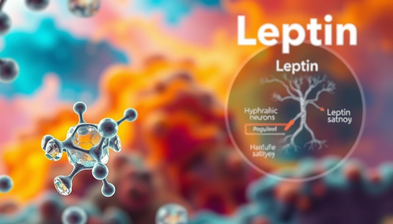 A detailed illustration of the leptin hormone and its role in appetite regulation. In the foreground, a magnified view of the leptin molecule, its structure and function highlighted. In the middle ground, a schematic representation of the leptin signaling pathway, depicting its interaction with hypothalamic neurons and the subsequent regulation of hunger and satiety. In the background, a vibrant, abstract landscape symbolizing the interplay of biological processes involved in weight management. Rendered with a realistic, scientific aesthetic, using a combination of warm and cool tones to convey the complexity and dynamism of this hormonal system.