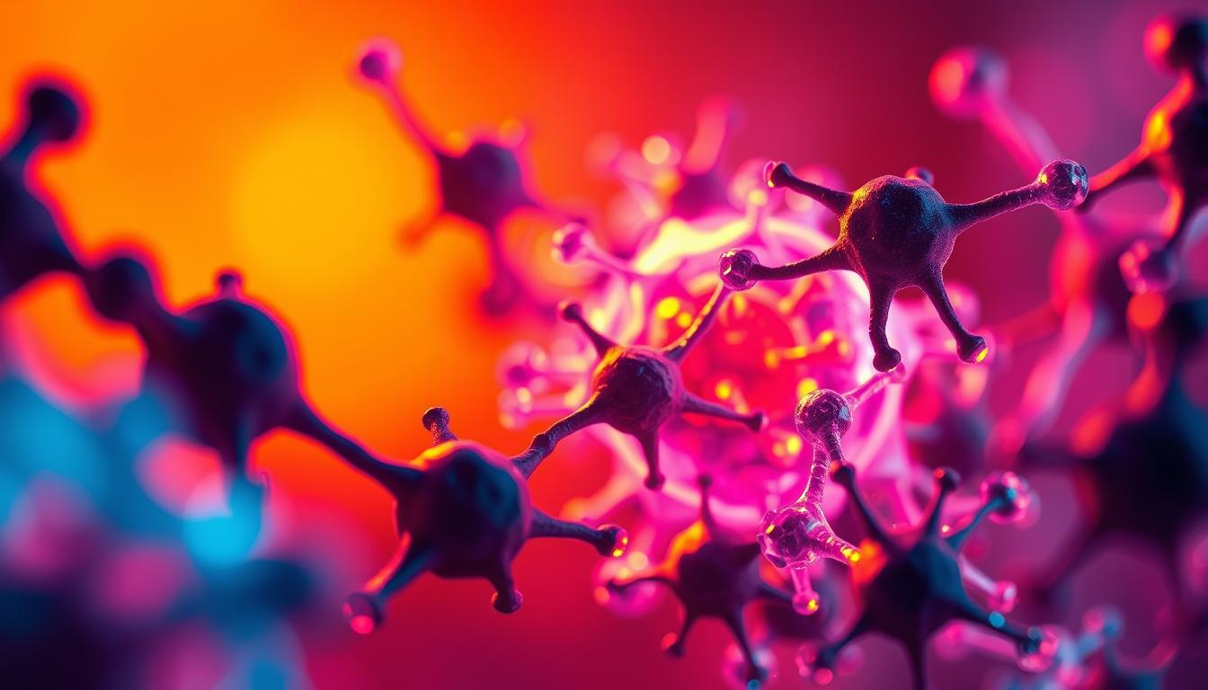 A detailed micrograph of the molecular structure of Mitolyn, a cellular health supplement, illuminated by a vibrant soft lighting that accentuates its intricate geometric patterns and vibrant hues. The foreground showcases the complex, interconnected molecular components, while the middle ground reveals the supplement's inner workings, with a subtle depth of field blur. The background subtly fades into a warm, serene gradient, creating a sense of depth and focus on the central subject matter. The overall mood is one of scientific curiosity and appreciation for the complex mechanisms that underpin cellular health.