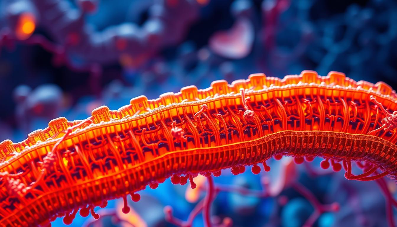 A detailed microscopic view of the complex inner workings of a mitochondrion, the powerhouse of the cell. In the vibrant foreground, a cross-section reveals the intricate folds of the inner membrane, home to the electron transport chain that drives ATP production. The middle ground showcases the mitochondrial matrix, teeming with enzymes and proteins involved in energy metabolism. In the background, a stunning visualization of the mitochondrial genome, the genetic blueprint that orchestrates this remarkable organelle's function. Vivid colors, sharp focus, and a sense of scientific wonder capture the mitochondrial science behind the energy-boosting compound Mitolyn.