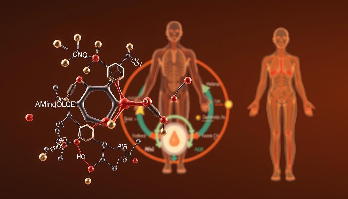 A detailed molecular diagram depicting the role of protein in metabolism. In the foreground, a central amino acid molecule surrounded by enzymes, coenzymes, and other biomolecules involved in metabolic pathways. In the middle ground, a vibrant illustration of the Krebs cycle and oxidative phosphorylation, highlighting the integration of protein metabolism. The background features a stylized, minimalist representation of the human body, emphasizing the systemic impact of protein on overall metabolism. Warm, muted tones create an authoritative, scientific atmosphere, complemented by sharp lighting and a wide-angle lens to convey comprehensive understanding. A detailed molecular diagram depicting the role of protein in metabolism. In the foreground, a central amino acid molecule surrounded by enzymes, coenzymes, and other biomolecules involved in metabolic pathways. In the middle ground, a vibrant illustration of the Krebs cycle and oxidative phosphorylation, highlighting the integration of protein metabolism. The background features a stylized, minimalist representation of the human body, emphasizing the systemic impact of protein on overall metabolism. Warm, muted tones create an authoritative, scientific atmosphere, complemented by sharp lighting and a wide-angle lens to convey comprehensive understanding.