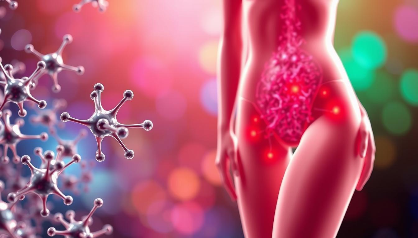 A detailed, scientifically accurate illustration of the role of estrogen in weight and body fat distribution. In the foreground, a dynamic visual representation of estrogen molecules interacting with fat cells, depicting their influence on fat storage and distribution. In the middle ground, a cross-section of the human body revealing the differential fat accumulation patterns in response to estrogen levels, with emphasis on the hips, thighs, and abdominal regions. The background features a vibrant, color-coded gradient symbolizing the complex interplay between hormones and metabolism. Rendered with a high level of technical precision, using a warm, natural lighting scheme and a clean, modern aesthetic to convey the scientific and medical nature of the subject matter.