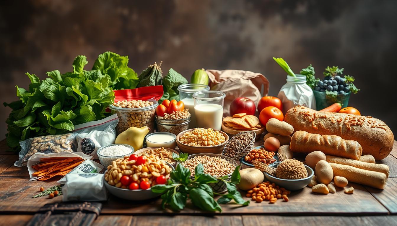 A detailed still life composition depicting various foods to avoid on a carnivore diet, arranged on a rustic wooden table under vibrant studio lighting. In the foreground, a selection of processed snacks, sugary cereals, and dairy products stand out against a backdrop of vibrant green leafy vegetables, colorful fruits, and whole grains. The middle ground features a variety of baked goods, legumes, and starchy tubers, all illuminated by warm, directional lighting that casts dramatic shadows. The background blends a hazy, atmospheric quality, allowing the viewer to focus on the central elements that symbolize the dietary restrictions of the carnivore lifestyle.