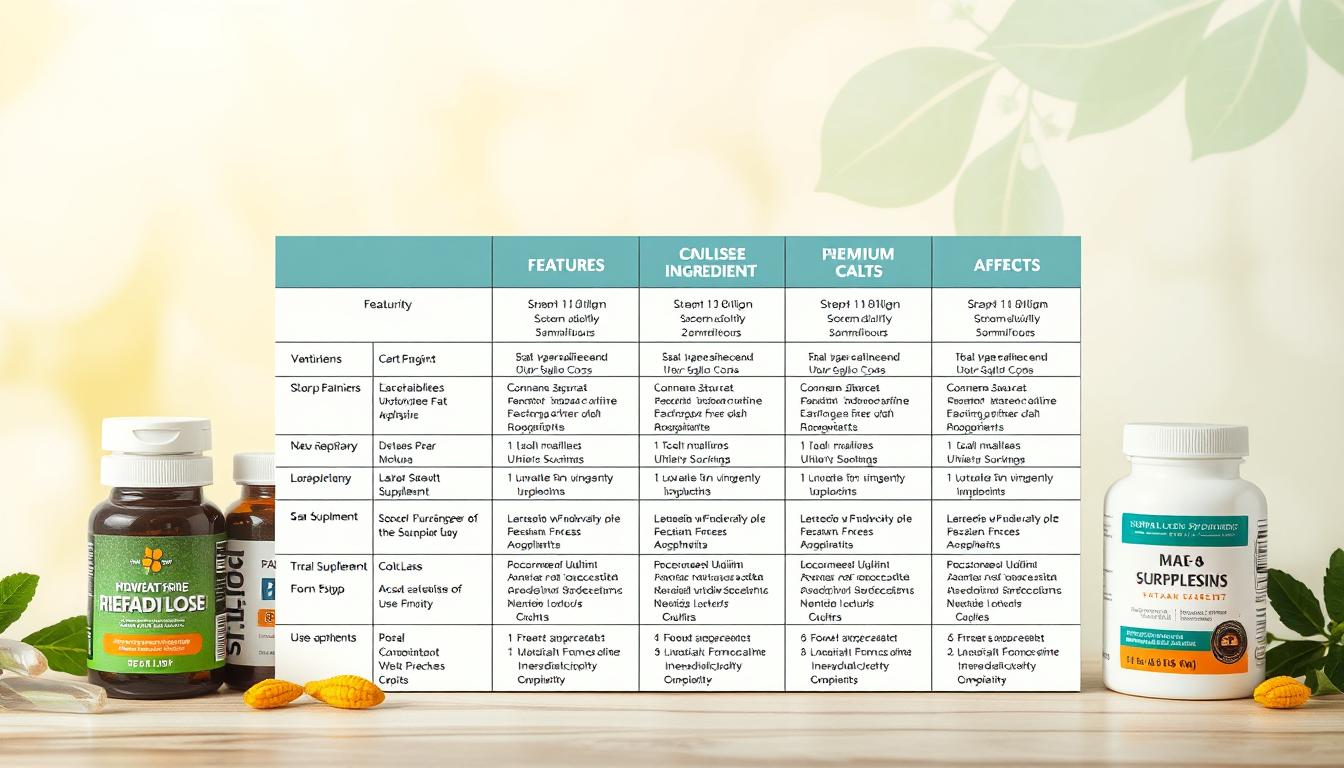 A detailed table comparison of natural weight loss supplements against a clean, vibrant backdrop. The foreground showcases several distinctive supplement bottles, each with unique shapes, colors, and labels. The middle ground presents a neatly organized grid or chart, highlighting the key features, ingredients, and effects of each supplement in a clear, concise manner. The background is a soft, harmonious blend of natural tones and textures, creating a serene, wellness-focused atmosphere. Crisp lighting accentuates the premium quality and trustworthiness of the supplements. The overall composition conveys an informative, professional, and visually appealing presentation of natural fat-burning products.