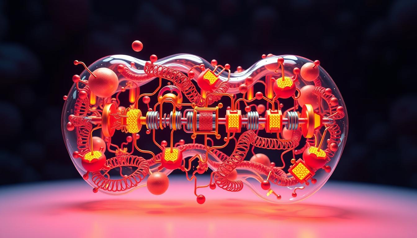 A detailed, three-dimensional representation of the electron transport chain, a crucial component of cellular respiration within the mitochondria. Depict a dynamic, vibrant scene showcasing the intricate network of protein complexes and electron carriers, each playing a vital role in the energy-producing process. Employ a warm, glowing color palette to convey the intense activity and metabolic energy within this essential biological pathway. Capture the scene from a slightly elevated angle, allowing the viewer to appreciate the scale and complexity of this intricate system. Ensure the image is visually engaging and technically accurate, serving as an informative and captivating illustration for the section on "Understanding the Electron Transport Chain."