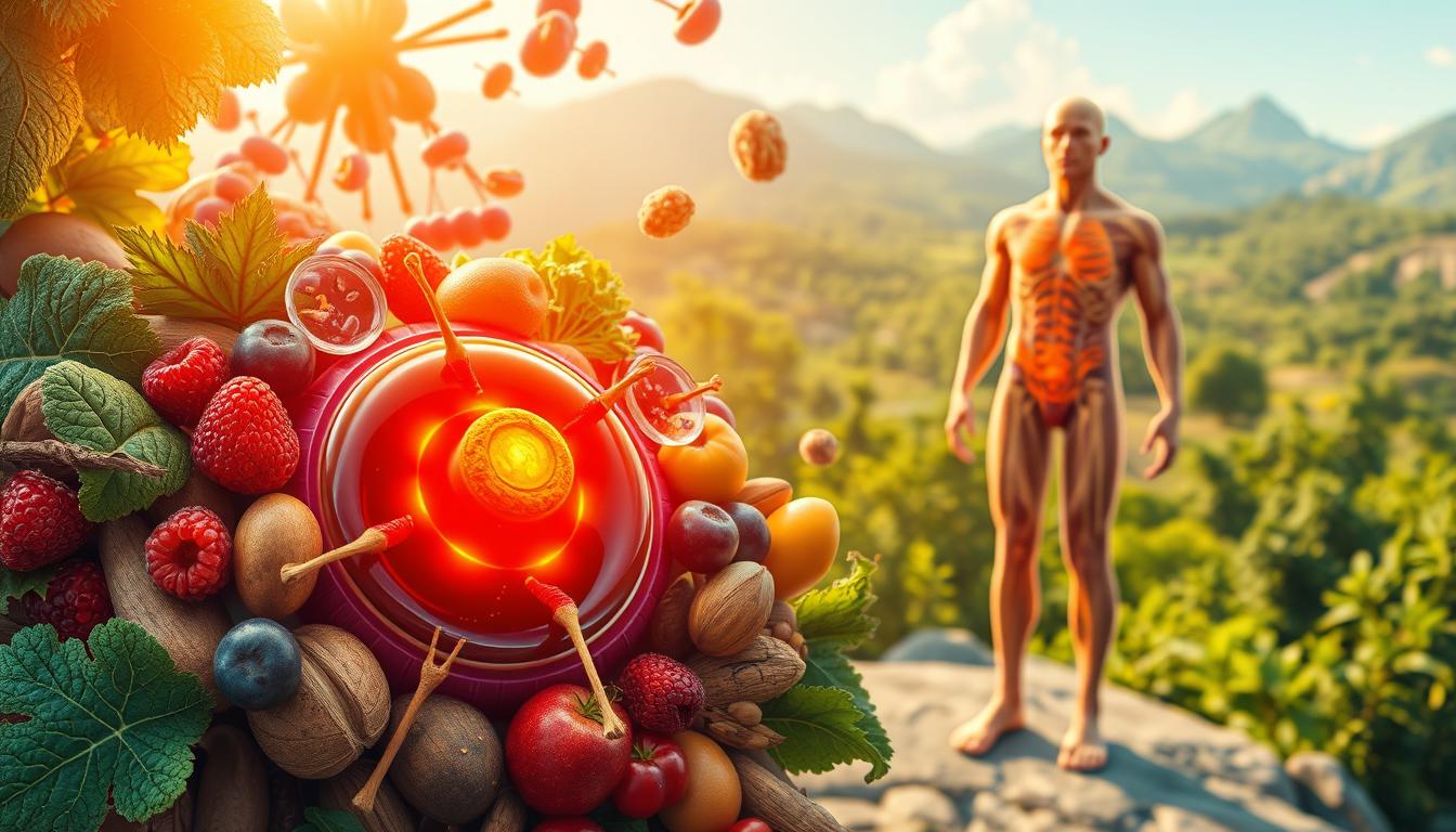 A detailed, vibrant illustration showcasing the relationship between dietary interventions and mitochondrial function. In the foreground, a central mitochondrion pulses with energy, surrounded by various nutrient-rich foods like leafy greens, berries, nuts, and lean proteins. The middle ground depicts the cellular processes of energy production, with visual cues like ATP molecules and electron transport chains. In the background, a panoramic view of a healthy, thriving human body, highlighting the broader impact of optimized mitochondrial performance on overall health and weight management. The lighting is warm and natural, conveying a sense of vitality and wellbeing. The composition is balanced and visually compelling, guiding the viewer's eye through the intricacies of this critical metabolic relationship.