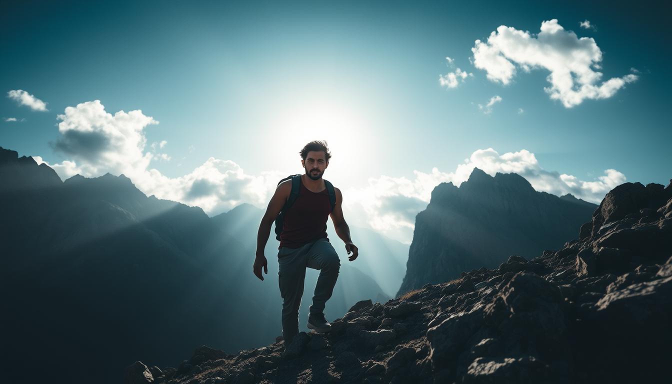 A determined individual, facing a challenging terrain, navigates upward with unwavering resolve. Rugged mountains loom in the distance, casting dramatic shadows that accentuate the sense of struggle. Vibrant sunlight filters through the clouds, illuminating the path ahead and instilling a glimmer of hope. The figure's posture exudes strength and focus, their expression conveying the grit required to overcome the obstacles that stand in their way. This scene captures the essence of perseverance and the triumph of the human spirit in the face of adversity. A determined individual, facing a challenging terrain, navigates upward with unwavering resolve. Rugged mountains loom in the distance, casting dramatic shadows that accentuate the sense of struggle. Vibrant sunlight filters through the clouds, illuminating the path ahead and instilling a glimmer of hope. The figure's posture exudes strength and focus, their expression conveying the grit required to overcome the obstacles that stand in their way. This scene captures the essence of perseverance and the triumph of the human spirit in the face of adversity.