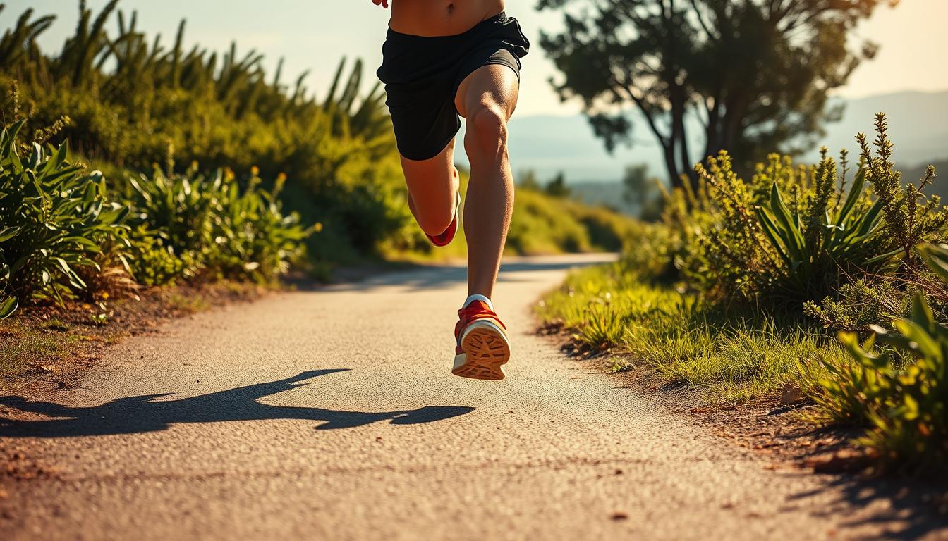 A determined runner sprints down a sun-dappled path, their sneakers pounding the ground with each powerful stride. The scene is bathed in a vibrant, energetic atmosphere, with the runner's form casting long, dynamic shadows that add depth and drama to the composition. In the middle ground, lush vegetation and verdant foliage frame the action, hinting at the natural setting. The background features a distant, hazy horizon, emphasizing the runner's solitary, focused pursuit of their fitness goals. Crisp, clear lighting from an overhead sun casts vivid highlights and shadows, accentuating the runner's toned, athletic physique and the overall sense of motion and intensity.