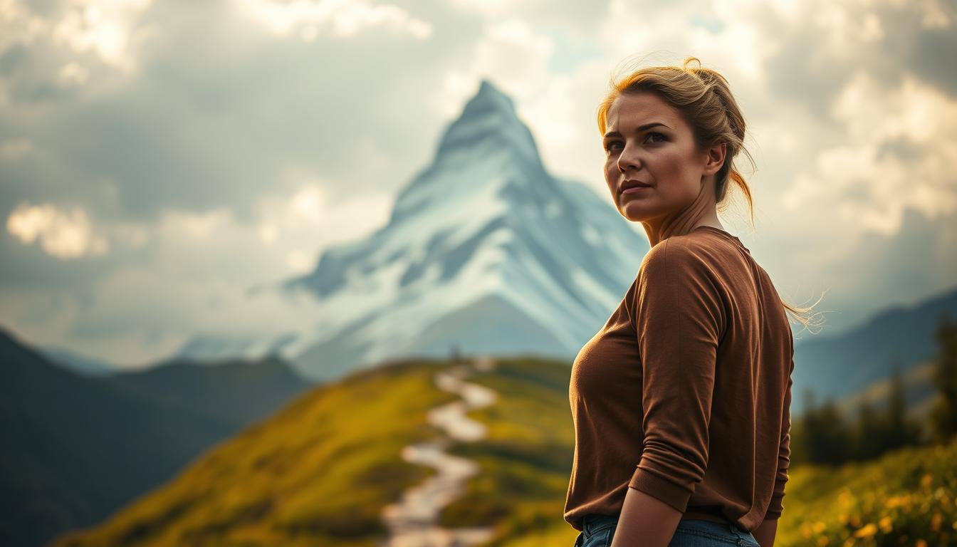 A determined woman stands in a lush, verdant landscape, facing a towering, snow-capped mountain peak. The foreground is bathed in warm, vibrant light, casting a sense of optimism and resolve. In the middle ground, a winding path leads upwards, suggesting the journey of overcoming obstacles. The background features a vast, cloudy sky, adding a sense of scale and the unknown. The woman's expression is one of focus and determination, her gaze fixed on the summit, symbolizing the perseverance required to push past plateaus and achieve success. Dramatic lighting and a cinematic angle convey the weight and significance of this moment of personal growth.