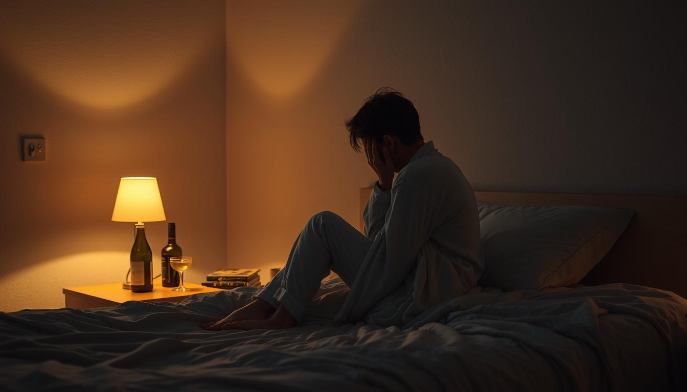 A dimly lit bedroom, the soft glow of a nightstand lamp casting a warm, amber hue across the scene. On the bedside table, a glass of water and a few empty bottles of wine, a subtle reminder of the evening's indulgences. The figure of a person, clad in comfortable sleepwear, sits on the edge of the bed, head in hands, exuding a sense of contemplation and regret. The atmosphere is one of introspection, a quiet moment of personal reckoning. Vibrant textures and details, from the rumpled bedding to the textured walls, lend depth and realism to the composition.