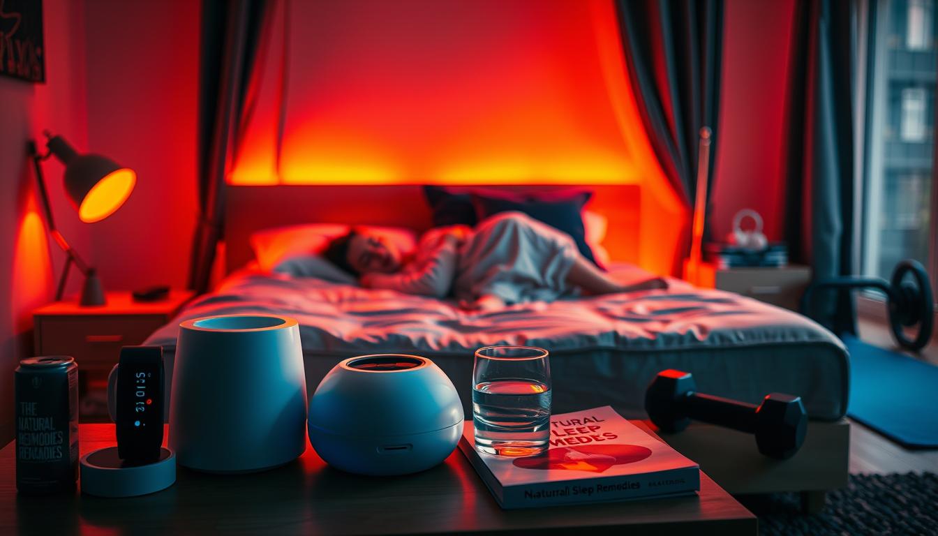 A dimly lit bedroom with warm, vibrant lighting, showcasing a person sleeping on a comfortable mattress. In the foreground, various sleep optimization tools are visible, such as a sleep tracker, a white noise machine, and blackout curtains. The middle ground features a nightstand with a glass of water and a book on "Natural Sleep Remedies." In the background, a yoga mat and a set of dumbbells hint at the importance of exercise for metabolism. The overall atmosphere conveys a sense of relaxation and tranquility, emphasizing the crucial role of sleep in optimizing metabolism.