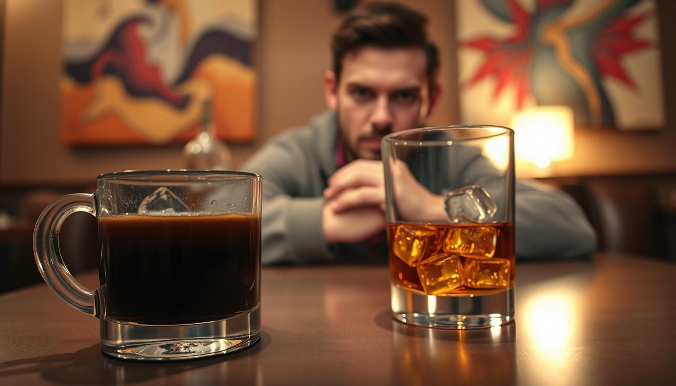 A dimly lit, cozy café setting. In the foreground, a steaming mug of rich, aromatic coffee sits beside a half-empty glass of amber-colored liquor, ice cubes clinking softly. The middle ground features a weary-looking individual, hands wrapped around the warm mug, expression conveying the struggle to balance the energizing effects of caffeine and the relaxing allure of alcohol. The background is hazy, with subtle hints of vibrant paintings or abstract art adorning the walls, creating a pensive, introspective atmosphere. Soft, warm lighting casts a gentle glow, heightening the contrast between the two beverages and the contemplative mood of the scene. A dimly lit, cozy café setting. In the foreground, a steaming mug of rich, aromatic coffee sits beside a half-empty glass of amber-colored liquor, ice cubes clinking softly. The middle ground features a weary-looking individual, hands wrapped around the warm mug, expression conveying the struggle to balance the energizing effects of caffeine and the relaxing allure of alcohol. The background is hazy, with subtle hints of vibrant paintings or abstract art adorning the walls, creating a pensive, introspective atmosphere. Soft, warm lighting casts a gentle glow, heightening the contrast between the two beverages and the contemplative mood of the scene.