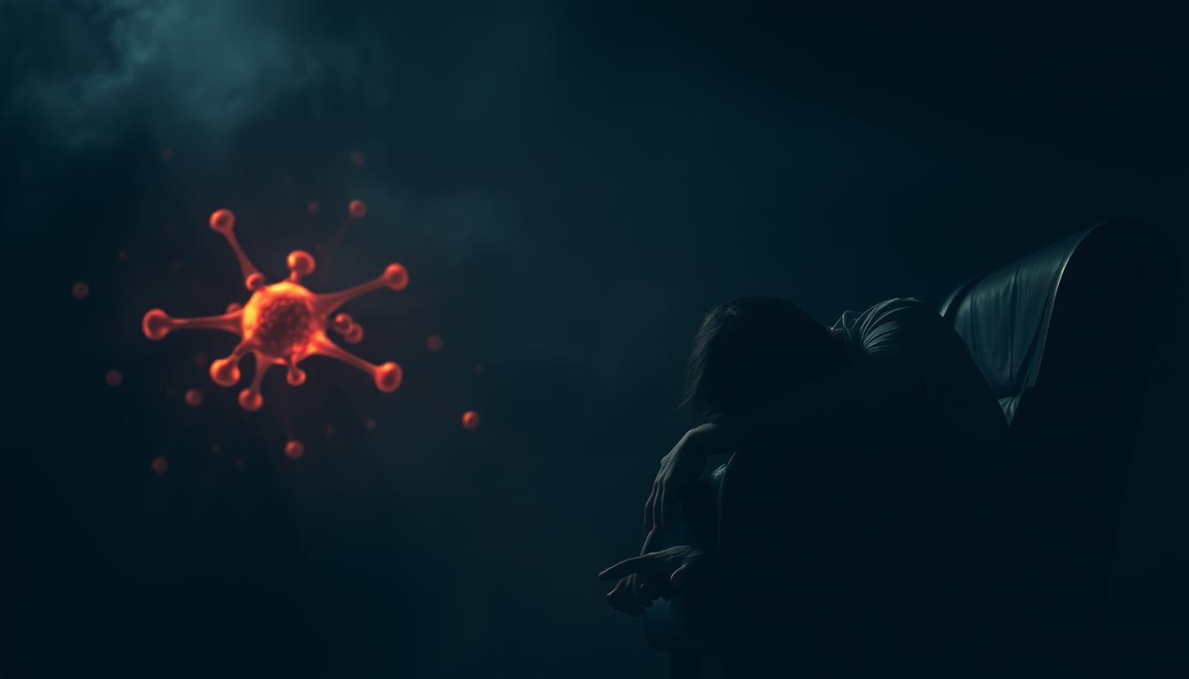 A dimly lit, gritty scene depicting chronic fatigue and mitochondrial dysfunction. In the foreground, a weary figure slumps in a chair, their face obscured by shadows, conveying a sense of overwhelming exhaustion. The middle ground features a hazy, abstract representation of mitochondria, glowing with a vibrant, sickly hue, suggesting cellular-level dysfunction. The background is shrouded in a moody, muted palette, evoking a sense of heaviness and malaise. Dramatic, low-angle lighting casts dramatic shadows, heightening the sense of despair and struggle. The overall atmosphere is one of vibrant, yet oppressive, fatigue.