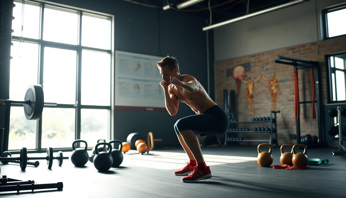A dimly lit gym interior, with natural light filtering in through large windows. In the foreground, a person performs a weighted squat, their muscles rippling with effort. Surrounding them, various strength training equipment - barbells, kettlebells, and resistance bands - are artfully arranged, conveying a sense of vibrant, focused energy. The middle ground features a wall display of anatomical diagrams highlighting the mitochondria, the powerhouses of the cells, underscoring the connection between strength training and mitochondrial health. The background maintains a sense of serene tranquility, emphasizing the holistic nature of this strength training routine for optimizing mitochondrial function.