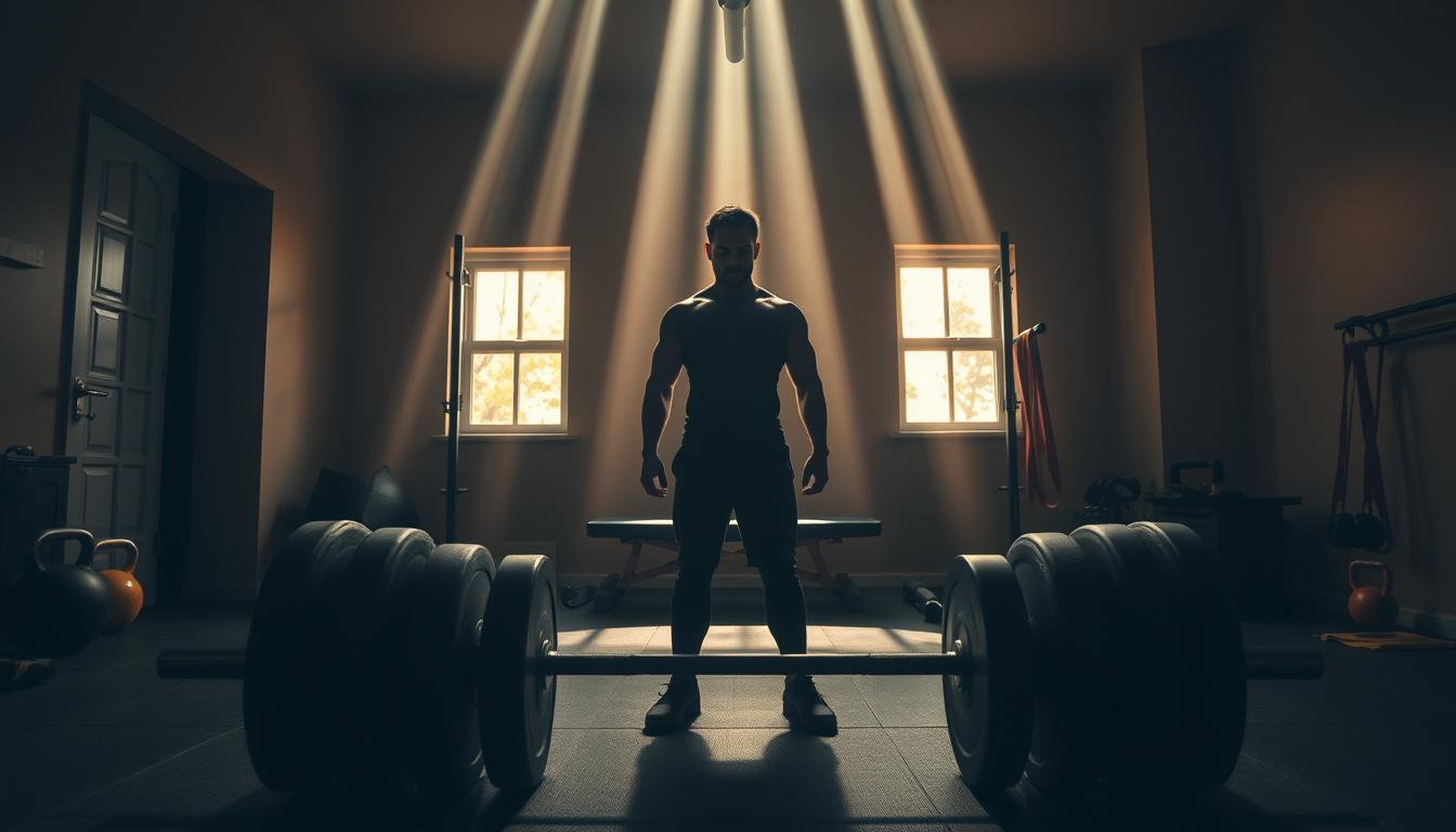 A dimly lit home gym setting, with a determined individual standing in the center, preparing to embark on a strength training journey. Beams of warm, vibrant light filter through the windows, casting a soft glow on the scene. In the foreground, a sturdy barbell and weight plates lie ready, inviting the viewer to envision the transformative power of this untrained individual's journey. The middle ground showcases various exercise equipment, including a bench, kettlebells, and resistance bands, hinting at the diverse array of exercises to come. The background features a simple, minimalist design, allowing the focus to remain on the individual and their aspirations for mitochondrial boosting through strength training.