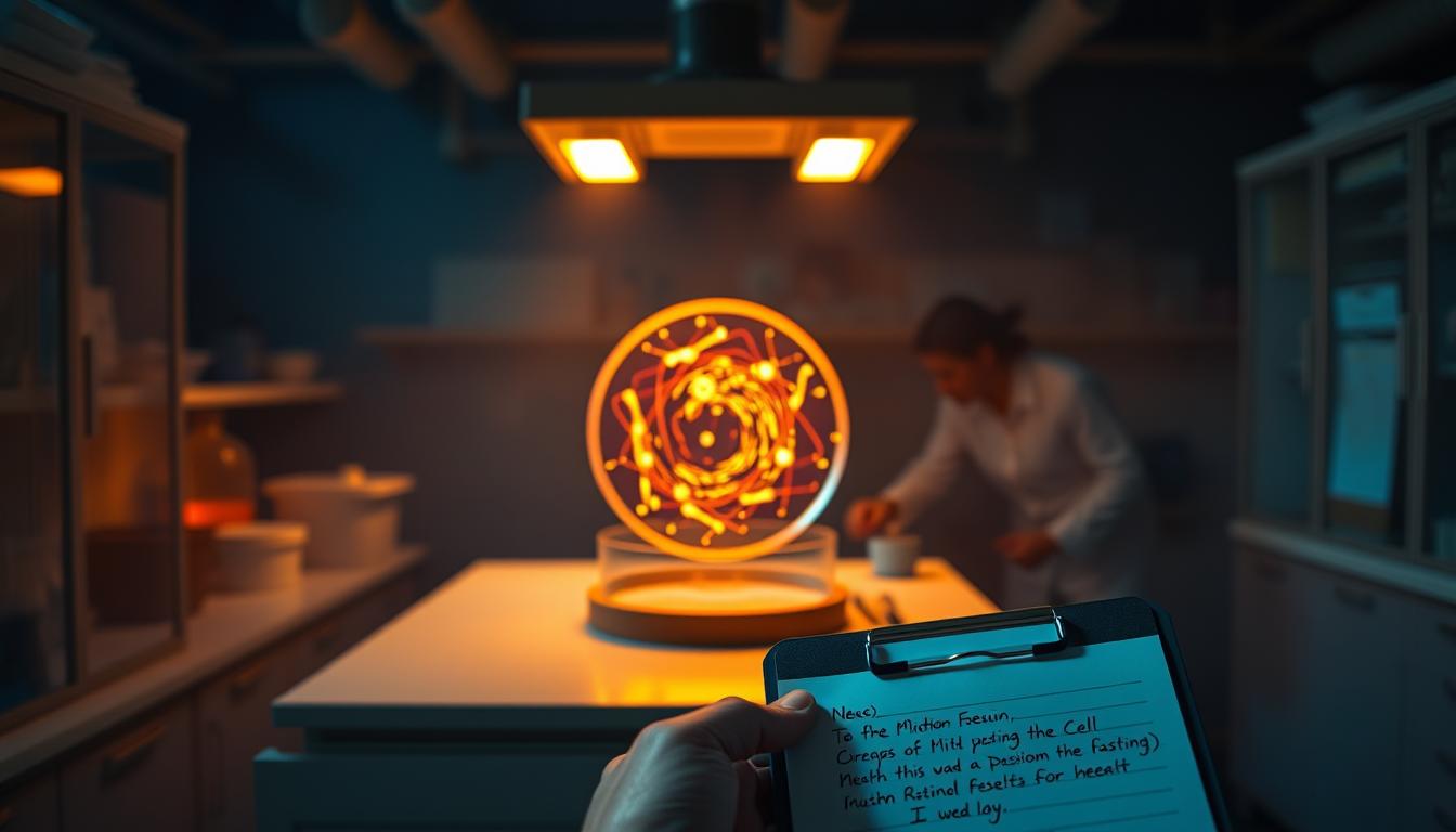 A dimly lit laboratory interior, with a central workbench illuminated by warm, focused lighting. On the bench, a petri dish containing a glowing, swirling pattern representing the intricate workings of mitochondria, the powerhouses of the cell. In the foreground, a hand holding a clipboard with notes on the process of intermittent fasting and its effects on mitochondrial health. The background is hazy and vibrant, suggesting the interconnected nature of these biological processes. The overall scene conveys a sense of scientific inquiry and the potential for a mitochondrial reset to transform the body.