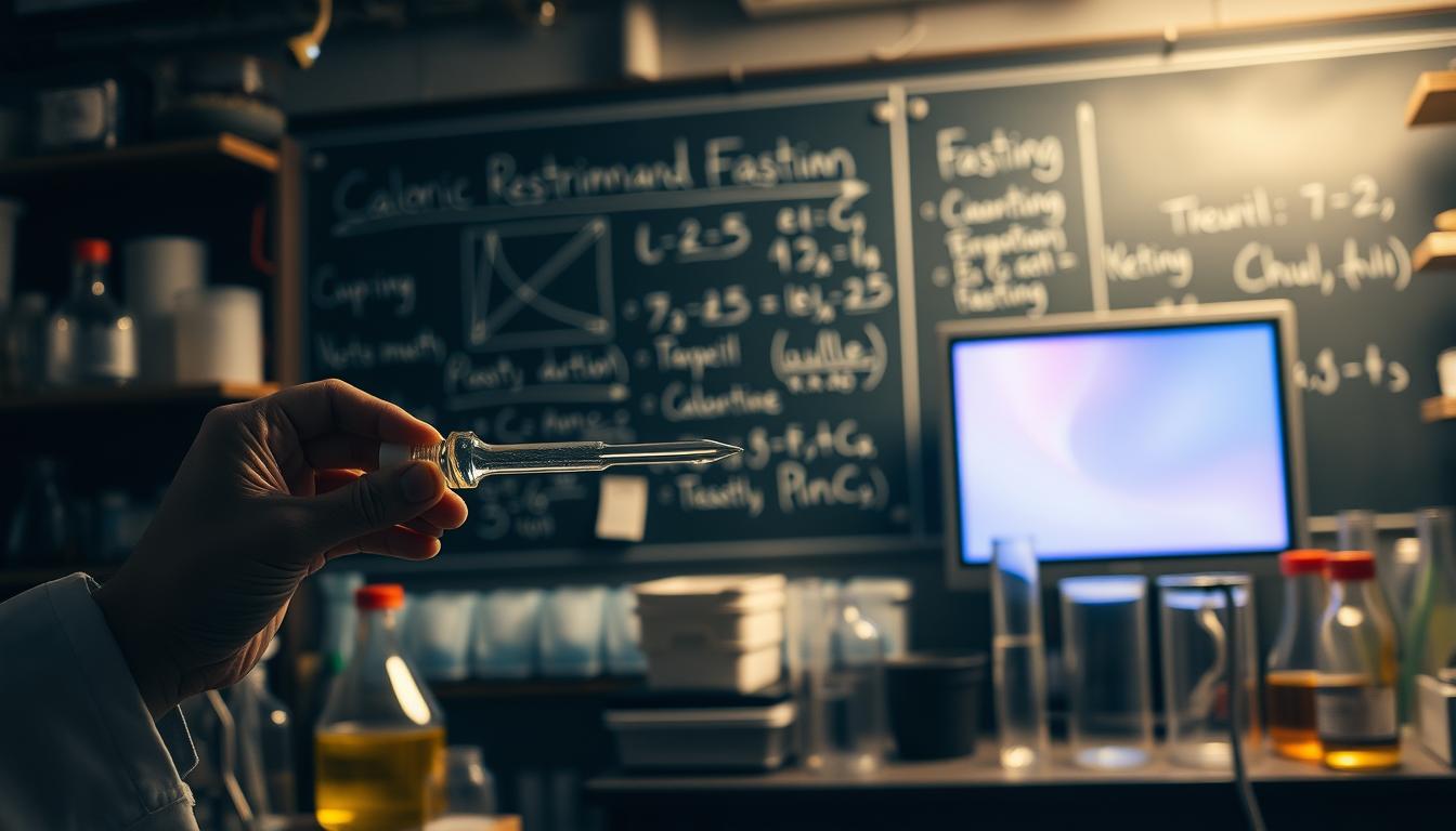 A dimly lit laboratory with an array of scientific equipment, beakers, and test tubes. In the foreground, a pair of hands carefully measure out a small amount of a clear liquid into a pipette. The background features a chalkboard displaying diagrams and equations related to caloric restriction and fasting, illuminated by the soft glow of a vibrant computer monitor. The atmosphere is one of focused concentration, with a sense of anticipation and discovery.