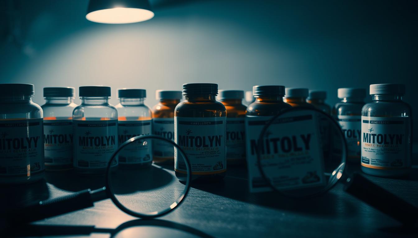 A dimly lit table, its surface cluttered with an assortment of suspect Mitolyn supplements. Counterfeit bottles, their labels slightly askew, stand in stark contrast to the genuine product nearby. Shadows cast an ominous veil, hinting at the dangers of these illicit goods. In the foreground, a magnifying glass examines the fine print, exposing the subtle differences that betray the counterfeits. The vibrant, clinical lighting from above casts an unsettling glow, emphasizing the need for vigilance when sourcing these vital supplements.